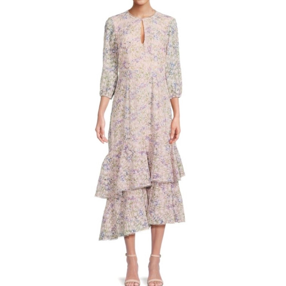 MIKAEL AGHAL Embroidered Asymmetric elbow sleeve Midi Dress